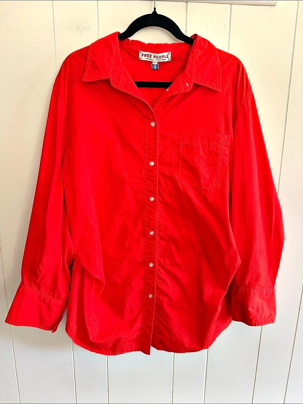 Free People Vibrant Red Long Sleeve Button Up Shirt Medium Minimalist Relaxed